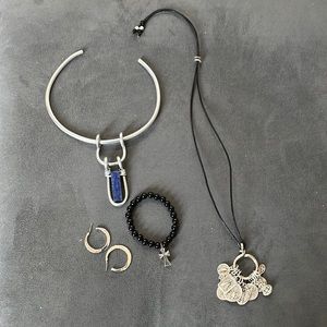 A leather necklace, choker, earrings and bead bracelet